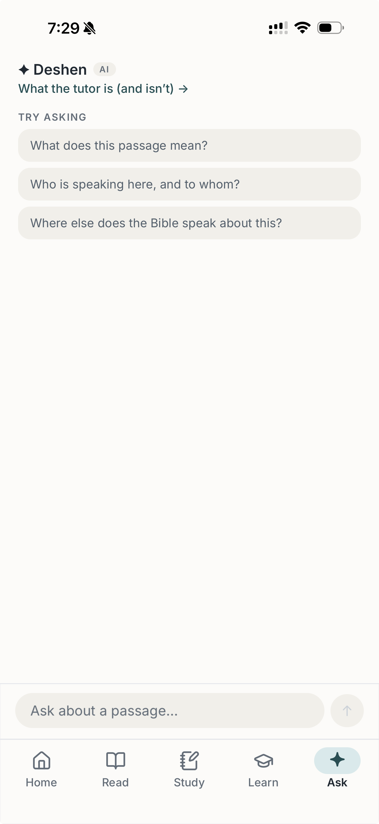 Deshen Ask offering questions that help a user understand a passage