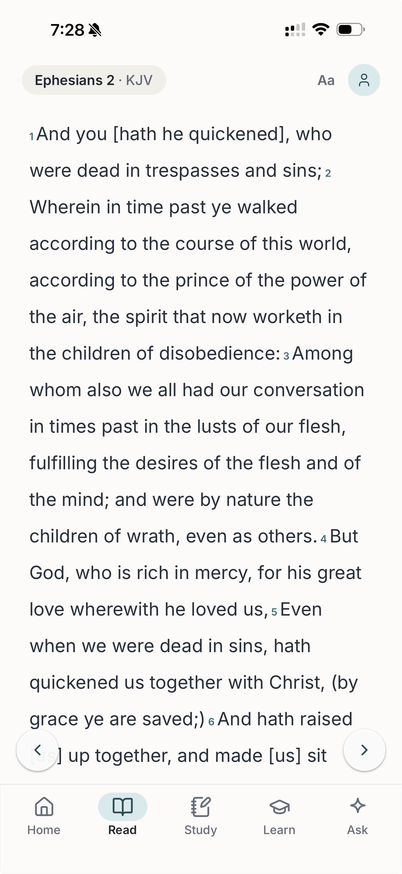 Deshen Read showing Ephesians chapter 2 in a quiet, full-screen Bible reader