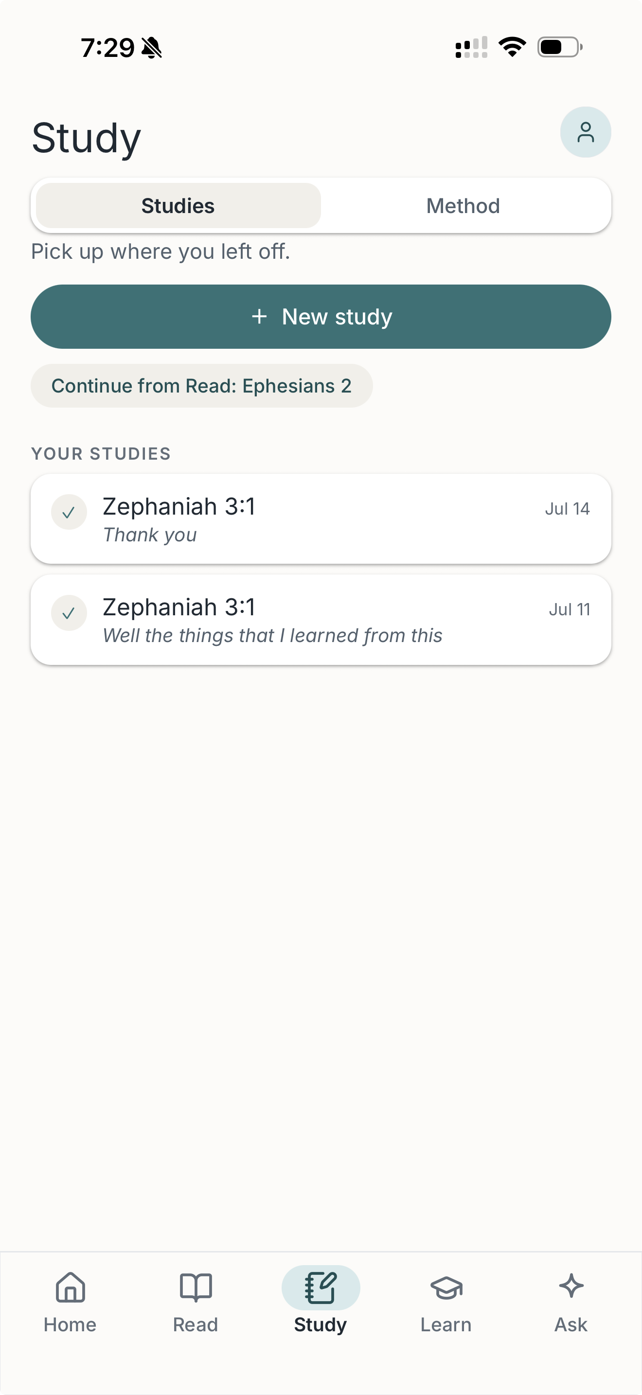 Deshen Study showing saved studies and a new-study entry point